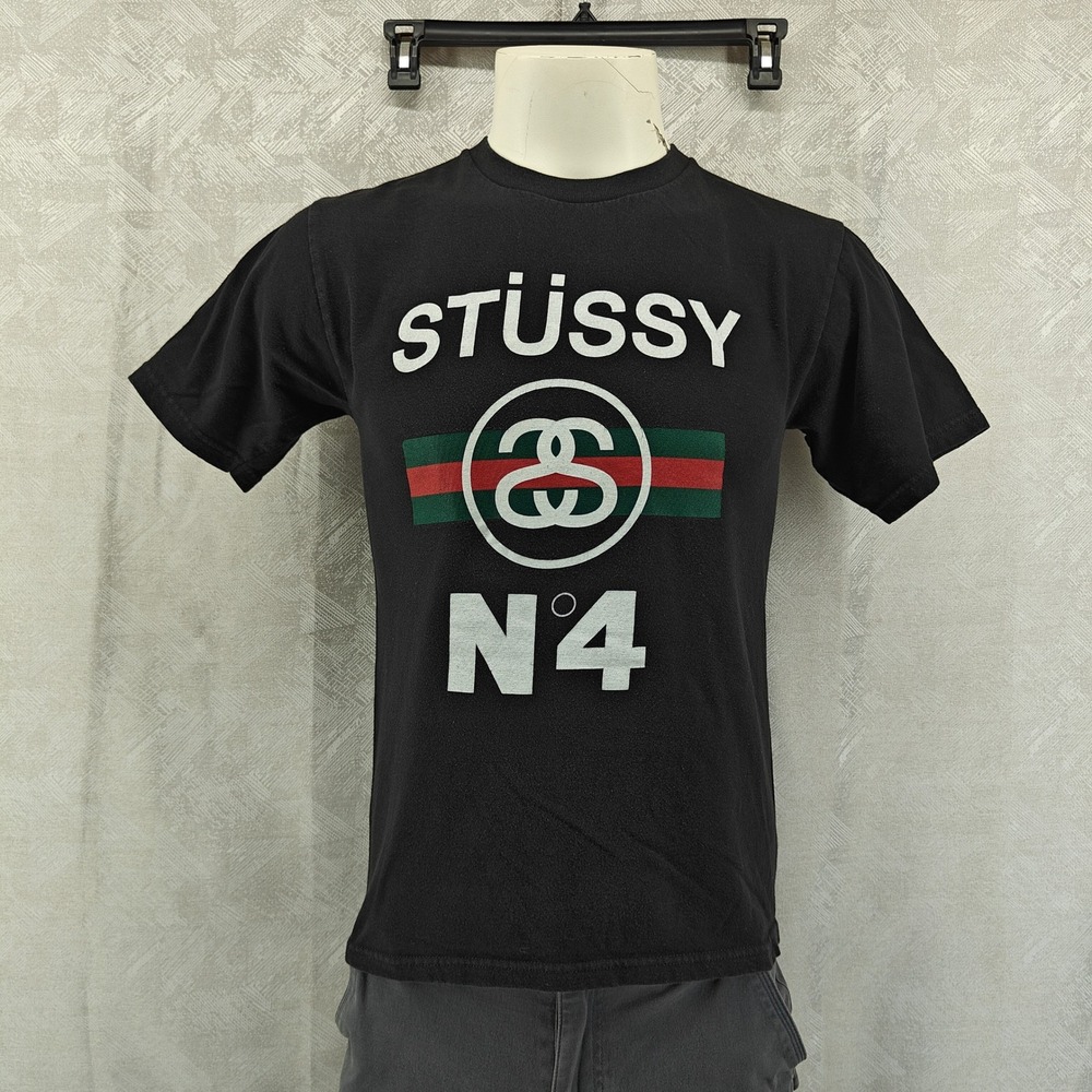 Vintage Stussy Shirt Mens S Black N4 Gucci Stripe Graphic Streetwear Tee 90s Y2K